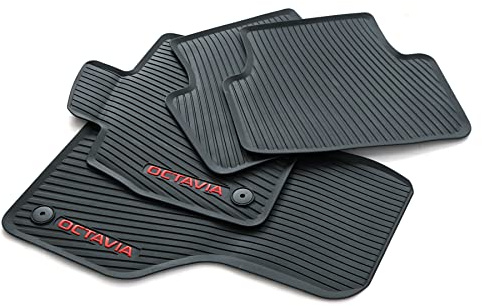 Skoda 5E4061500B Fußmatten Allwetterfussmatten Gummimatten, schwarz mit rotem Octavia Schriftzug, Nicht für Mild-Hybrid