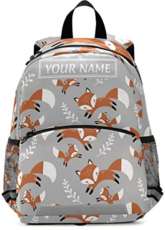 Mnsruu Rucksack mit individuellem Namen, personalisierbar, für Jungen und Mädchen, Fuchs, Wald, Tier, grauer Druck, Kindergarten, Vorschule, Reisetasche, mehrfarbig