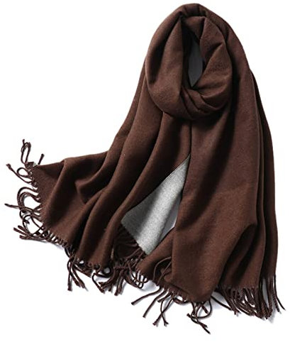 Whoiy Kaschmir Schal Damen Xxl, Schultertuch Warm Doppelt Einfarbig mit Quaste Dunkelbraun Grau 200X65Cm
