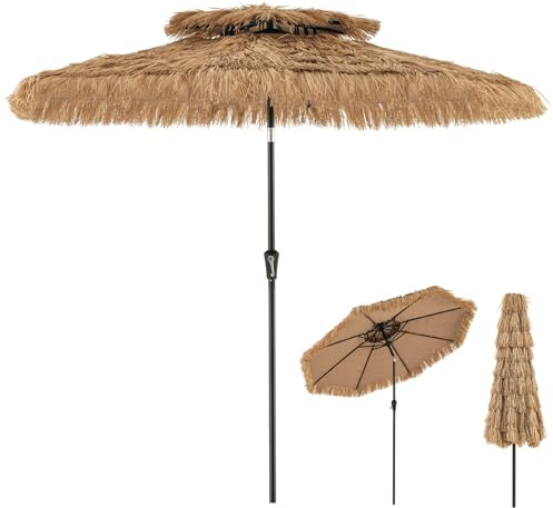 GYMAX Ombrellone Paglia PE 2,7 M, a 9 Strati, Inclinazione a 35°, Doppio Top, Struttura Stabile in Metallo e Antivento, Adatto Spiaggia, Giardino, Terrazza, Hawaiano