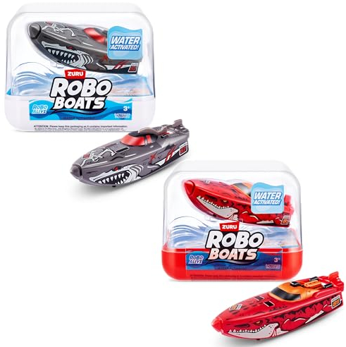 ROBO ALIVE ZURU Robo Boats, White Shark & Dino Shark Boat, 2er-Pack, by ZURU Water Activated Boat Toy, Boys, Bath, Pool (Amazon Exclusive)