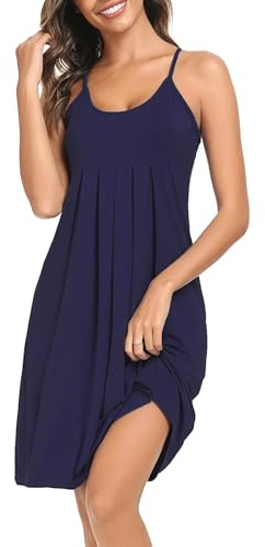 Vlazom Women Nighties, Soft Pleated Nightdress Chemise for Ladies Sexy V Neck Negligee Nightwear A-Navy Blue, L