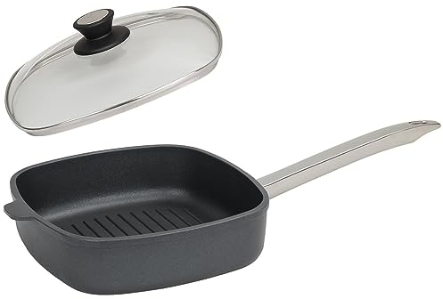 SKK 2-tlg. gerillte Pfanne 26x26 cm - ohne Induktion - eckige Guss Antihaft Bratpfanne Edelstahl-Stiel & Deckel mit Edelstahlrand - Made in Germany