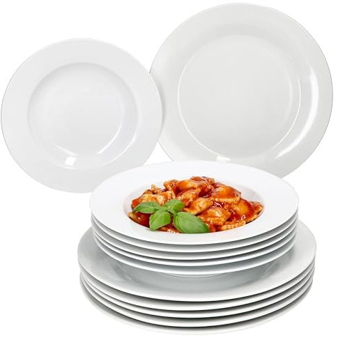 MamboCat Tommy Servizio da Tavola 12 Pezzi, Stoviglie in Porcellana Bianca per 6 Persone, Piatti Fondi e Piani per Insalata e Pasta, Colazione, Pranzo
