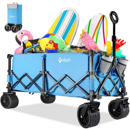 VILLEY Carrello Pieghevole 220L, Portata di 150 kg, Carrello con Ruote Portatutto XXL con Pneumatici da 10cm e Freni, Carrello Spiaggia da Giardino, per il Campeggio, la Spiaggia, lo Shopping, Blu