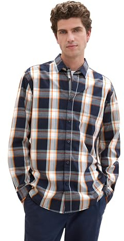 TOM TAILOR Herren Regular Fit Hemd mit Karomuster,35984 - Navy orange Big Check, XL