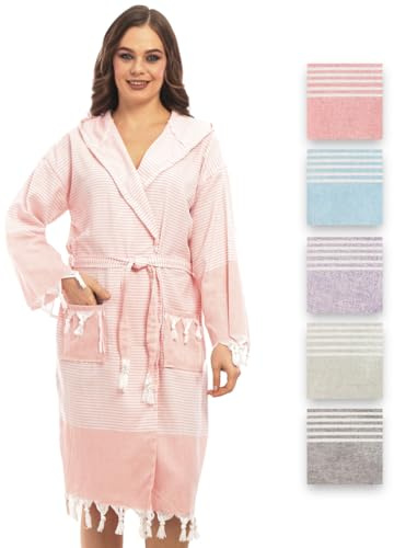 Heré Mood Bademantel aus Hamamtuch, Saunatuch, für Frauen für ultimativen Luxus, mit Gürtel & Kapuze - Langform Damen Leicht und Modisch