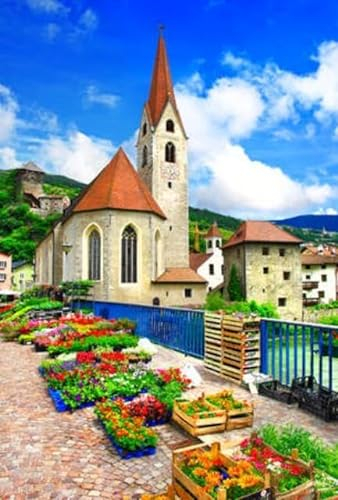 adrium Acryl-Bild 30 x 40 cm: Landschaft der Dolomiten, Blick auf Kirche und Blumenmarkt, Norditalien (34119268)