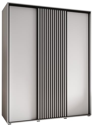 MEBLE KRYSPOL Lanko 1 Schrank mit DREI Schiebetüren mit Stange, Regale - Moderner Aufbewahrungsschrank für Schlafzimmer, Wohnzimmer - 235,2x200x60 cm - Weiß Weiß Schwarz