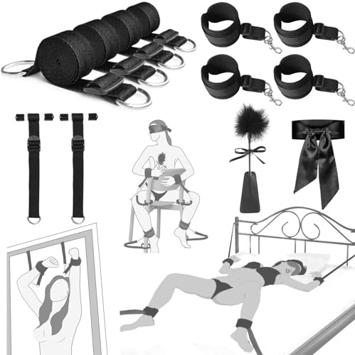 BDSM Bondage Set Bettfesseln Sexspielzeug für Paare – Erotik Sex Toys mit Handschellen, Augenbinde, Türfesseln Federpeitsche – Fesselset für SM Fetisch Sex Spiele für Erwachsene Anfänger