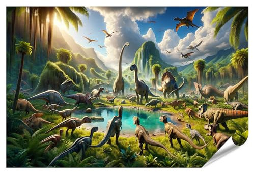 islandburner XXL Bild Poster Verschiedene Dinosaurier versammeln Sich am Wasserloch im Morgengrauen Premium Bilder Fotodruck