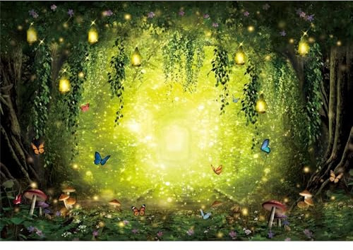 Ttincceer Toile de Fond forêts enchantées 2.2x1.5m coloré Papillon Champignon Pays des Merveilles Fond Conte de fées Bois Feuilles suspendues Photographie Toile de Fond
