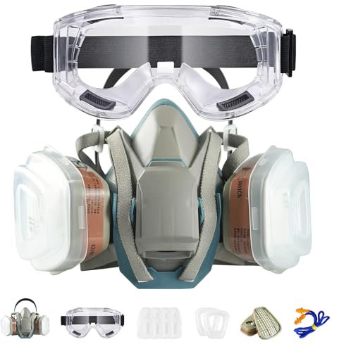 ZXICH Mezza Faccia Maschera Antipolvere Riutilizzabile,Maschera Respiratore Semifacciale con filtri e occhiali protettivi,per Verniciatura a Spruzzo, Prodotti Chimici, Vapori Organici, Saldatura