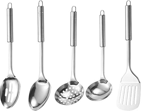 5pcs Stainless Steel Kitchen Utensils Set Heat Resistant Cooking Utensil, Easy to Clean Non Stick Cooking Set, Includes Ladle,Slotted Turner,Skimmer,Slotted Spoon, Solid Spoon