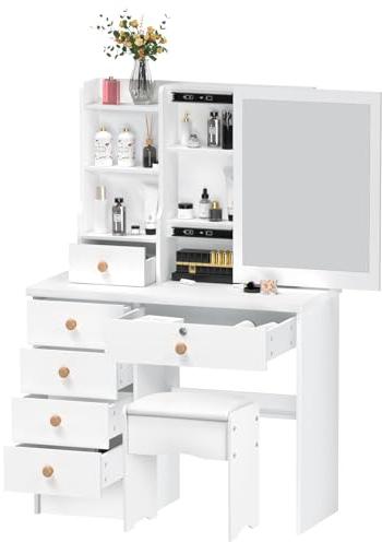 UDIYO Große Schminktisch mit 6 Schubladen, Schminktisch mit Spiegel, Schiebespiegel, Hocker, offenen Fächern, verstellbaren Ablagen für das Schlafzimmer, modern (Weiß)