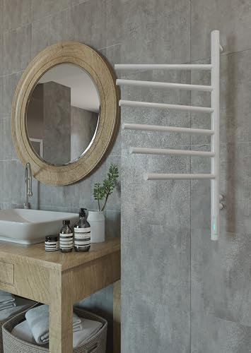 Elna® Scaldasalviette Elettrico Bianco 79x40 cm, 78W – Scaldasalviette in Acciaio Inox 304 con Timer e Termostato, IP44 – 6 Bracci Orientabili 180°, Montaggio a Parete