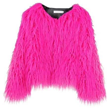 FM2018XSL Manteau en Fausse Fourrure pour Femme Front Ouvert Veste Courte Chaud Hiver Blouson Fête Cocktail Soir,XL,Rose Rouge