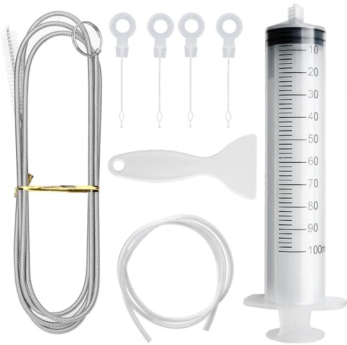 Voarge Juego de 8 piezas de limpieza para frigorífico, cepillos frigoríficos + jeringa de 100 ml + tubo de limpieza para frigorífico + rasqueta nevera antihielo + 4 insertos de orificio de desagüe