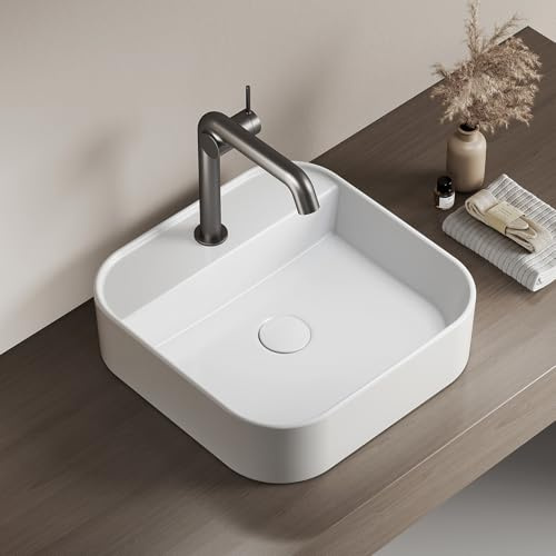 EMKE Aufsatzwaschbecken rechteckig - Waschbecken für Badezimmer und Gäste-WC - 40 × 40 × 11 cm, Keramikwaschbecken, weiß