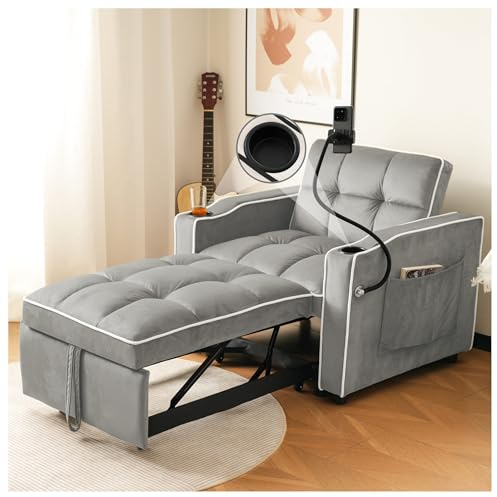 Sofá cama individual extensible 3 en 1, con portavasos y soporte para teléfono móvil, sofá reclinable, sillón cama, sillón cama individual, perfecto para espacios pequeños, 83 x 167 x 76 cm, gris