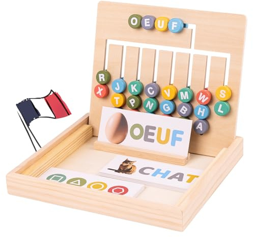 Maebeboo Jeu pour Apprendre à Lire et Écrire en Français – Alphabet en Bois Inspiré Montessori – 26 Cartes avec Mots et Images Réalistes – Jeu Éducatif Lettres et Lecture 3 à 6 Ans