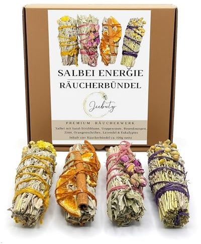 JEEBUTY Salbei Energie Räucherbündel, 4 Stück, ca. 10cm & 100g, zum Räuchern, Räucherset