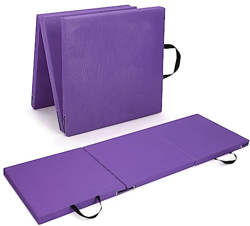 M.J COMFY-LIFE Tri-Fold Exercise Mat, 1.5 Thick Non-Slip Soft Foam Yoga Mat with Carry Strap Handles, Portable Folding Gym Mat for Yoga, Pilates, Gymnastics, Home Workout, Camping (Purple)