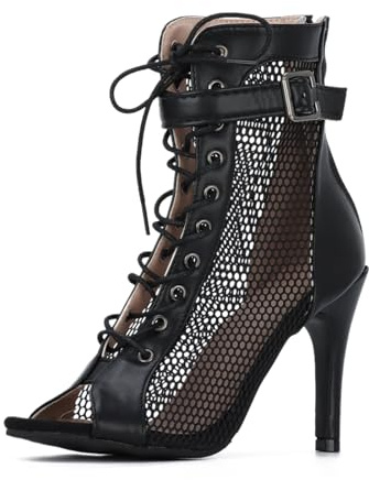 EVEOUT Women's Mesh Sandals High Heel Peep Toe High Top Lace Up Summer Sexy Boots Buckle Strap Party Shoes Black