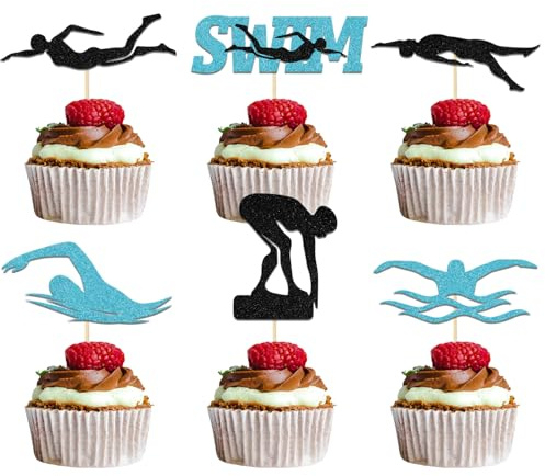 24Pcs Swimming Cupcake Topper Summer Sport Party Decoration Swimming Birthday Bachelorette Cake Decoration Black Light Blue Glitter