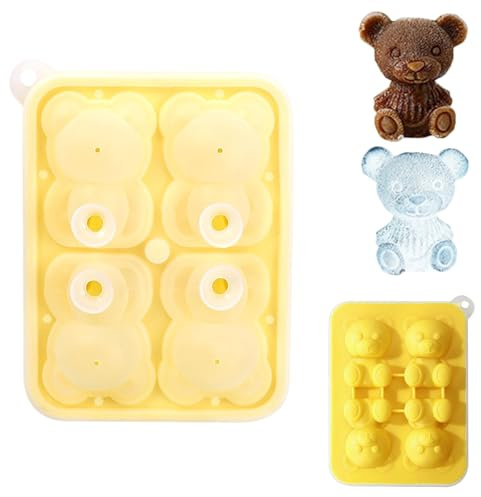 Silikon Eiswürfelform Bär, 4 Niedliche 3D Bär Eiswürfelformen, Wiederverwendbar Eiswürfelbehälter mit Deckel, BPA-Frei, für Eis, Whiskey, Cocktail, Saft - Gelb
