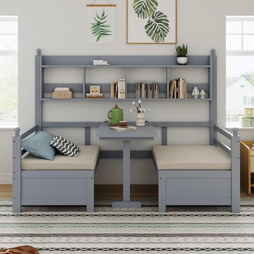 Zravenna Holzbett Funktionsbett 90x200 cm, Multifunktionales 2-in-1 Bett und Schreibtisch Frei Umbaubar, Bett Mit Regal und Bequemen Kissen, Gästebett, Einzelbett (Grau)