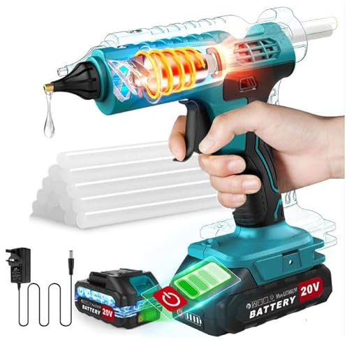 Huzoomtoyz Pistolet à colle chaude sans fil avec batterie 2000 mAh 18 V, chauffage rapide 90 secondes, pistolet à colle pour bricolage, artisanat et réparations rapides, bleu