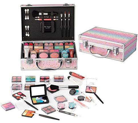 Hot Sugar Girls Makeup Set, Complete Starter Cosmetics Kit with Eye Shadow, Lip Balm, Blush, Lip Gloss, Brushes, Eye Pencils and Mirror (Rainbow)