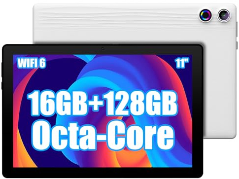 Ainmel Tablette 11 Pouces, Android 14 Tablette with Octa Core 2.0GHz Processor, 16GB RAM 128GB ROM 1TB TF, 5G+2.4G WiFi 6, 8+5MP Dual Camera, 6800 mAh Batterie, Bluetooth 5.0 (Blanc)