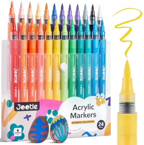 Jootle Acrylstifte für Steine Wasserfest, 24 Farben 1-8mm Brush Tip Acrylmarker mit automatischer Tintensteuerung, Acrylic Marker für Kürbis Malerei, Rock Painting, Glas, Papier, Ei
