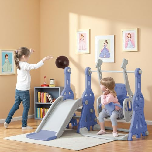 4 in 1 Kinder Rutsche ab1 2 3 4 5 6 Jahr, kinderrutsche für Indoor und Outdoor, Babyrutsch mit Basketballständer, Kletterleiter, Schaukel Rutsche Gartenrutsche, Jungen und Mädche, Blau