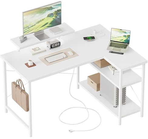 Mericonia Small L-Shaped Desk with LED, 100x70cm Computer Desk with Monitor Stand, Reversible Corner Desk for Home Office, White