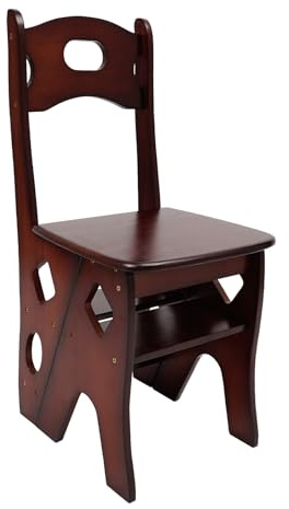 Klappbarer Bibliotheksstuhl, Leiterstuhl aus Kiefernholz(Walnussfarbe-A) | 4-stufiger Tritthocker, 100kg Tragfähigkeit, Faltbarer Leiterstuhl Trittstuhl, Faltstuhl für Indoor und Outdoor