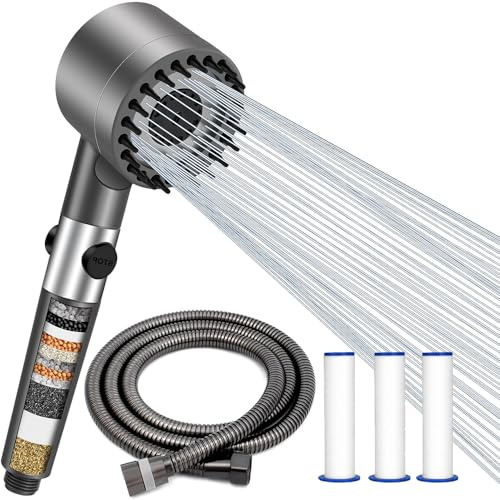 Soffione Doccia con Filtro e Tubo Anticalcare 1,5 m – Soffione Doccia Alta Pressione 3+1 Getti Regolabili – Doccetta a Risparmio Idrico con Filtro Purificante, Getto Potente e Design Cromato