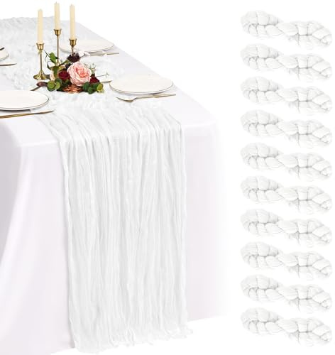 Showgeous Weiß Käsetuch Tischläufer Extra Breit 90x300cm | 10 Stück Boho Tischläufer Abwaschbar Romantische Rustikale Tischdekorationen für Hochzeit Party Geburtstag Feiertag Zuhause