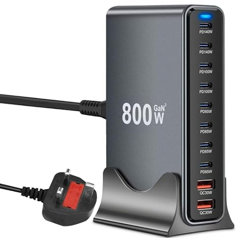 800W USB C Charging Station Hub 10‑Port GaN III PD140W, 100W, 65W, 30W Multiport USB Fast Charger Block (8 USB‑C & 2 USB‑A) USBC Laptop Charger Compatible with MacBook, iPh0ne, i-Pad, Galaxy S24/S23