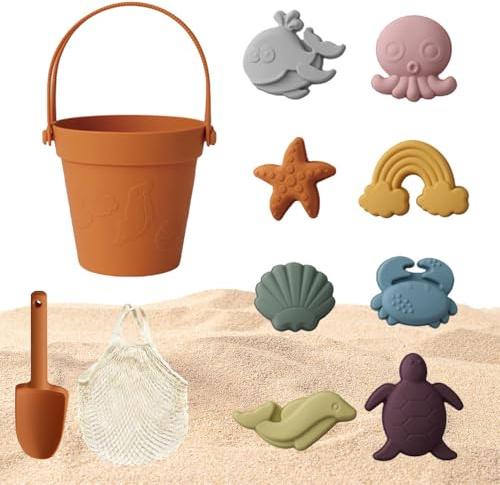 Nzkeuf 11 Piezas Juguetes de Playa de Silicona, Juguetes Playa Niños Bebe con Cubo, Palas, Juego de Moldes de Arena de Silicona y Bolsa, Juguete de Exterior Regalo para Niño Niña