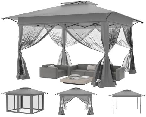 Aufun Gartenpavillon Pop Up Pavillon 4x4m Gartenzelt Partyzelt, Grau | UV-Schutz & Mückenschutz Faltpavillon Höhenverstellbar, mit 4 Moskitonetz-Seitenteilen & Doppeldach inkl Tragetasche
