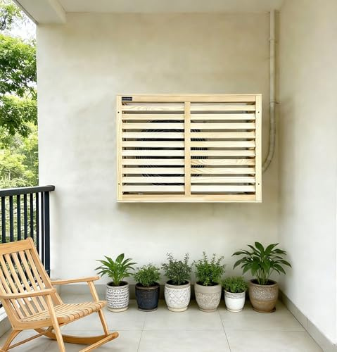 Revêtement pour climatiseur, pompe à chaleur, montage mural, brise-vue pour appareils extérieurs, bois, 86 x 60 x 32 cm (naturel)
