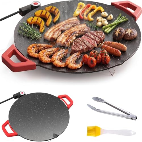 Indoor Smokeless Electric Griddle, 1500w Portable Electric Korean BBQ Grill, Non-stick Round Grill Pan for BBQ with Adjustable Temperature, Tortillas, Steaks, Burgers, Pancakes,40cm/15.7inch