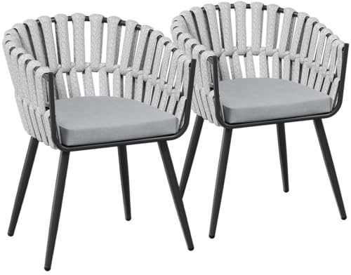 STEELSØN Tarian Gartenstühle 2er-Set, mit Kissen, Rope Design, Hellgrau | Loungesessel für Indoor & Outdoor, Kunststoffgeflecht, dicke Sitzpolster, Stahlgestell, Stühle für Garten, Terrasse & Balkon