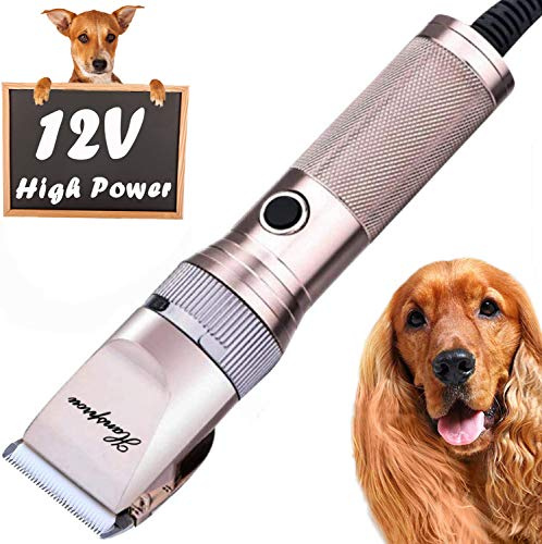 Hansprou Dog Clippers for Grooming, 12V Pet Hair Clipper, Professional Heavy Duty Pet Grooming Clipper Corded Dog Trimmer for Thick Coats with Guard Combs Brush for Dogs Cats