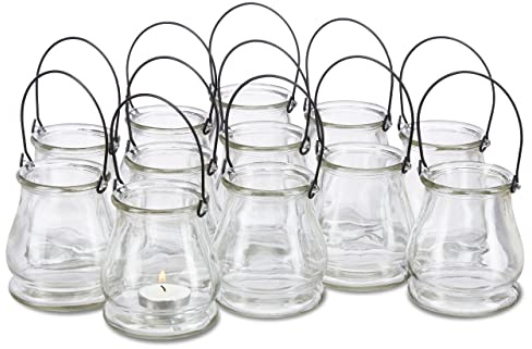 Relaxdays Windlicht aus Glas, 12er Set, runde Glasvase mit Henkel, Tischdeko für Drinnen u. Draußen, 10 cm hoch, klar | Tischdeko für Drinnen u. Draußen, 10 cm hoch