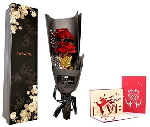 Gold Rose Blumenstrauß, Handgefertigt Goldfolie Künstlicher Rosenstrauß - mit Geschenkbox für Frau Freundin/ Muttertag/ Geburtstag/ Hochzeitstag/ Jahrestag Künstliche Rose (rot)
