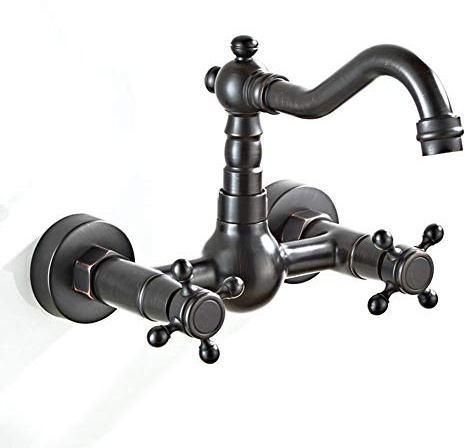 Wasserhahn Bad - Waschtischarmaturen An Der Wand Montierter Schwarzer Retro-Doppelhebel-Badarmatur, Kaltes Und Heißes Wasser Vorhanden, Drehbarer Messing Doppelloch-Waschbeckenhahn, Keramikkartusche